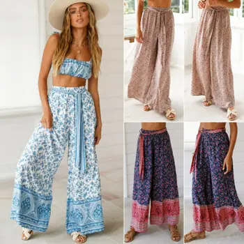 

Women's Palazzo Floral Wide Leg Pants High Waist Loose Culottes Long Trousers AU