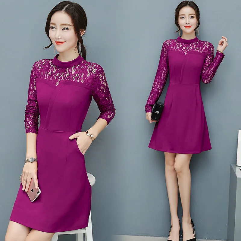

2017 Autumn Clothing New Style Korean-style Slim Fit Lace Joint Long-sleeved Dress Elegant Base Skirt Women's Free