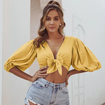 

2020 Summer New Bohemian Deep V Neck Solid Tank Tops Women Sexy Lantern Sleeve Ruched Wrap Tie Bow Crop Top Female Ruffle Tees