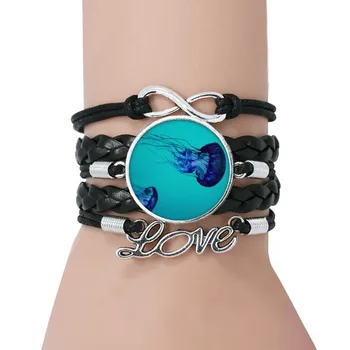 

Ocean Jellyfish Science Nature Picture Bracelet Love Black Twisted Leather Rope Wristband