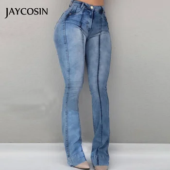 

JAYCOSIN Women's Pants High Waist Pocket Wide Leg Mom Jeans Flared Skinny Trousers Elastic Cowboy Design Stretch Denim Women Set