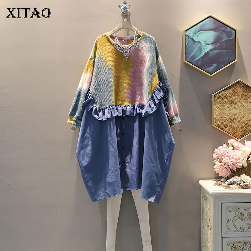 

XITAO Ruffle Knitted Dress Women Fashion Elegant Patchwork Small Fresh Pullover 2019 Autumn Casual Style Loose Dress ZYQ2031