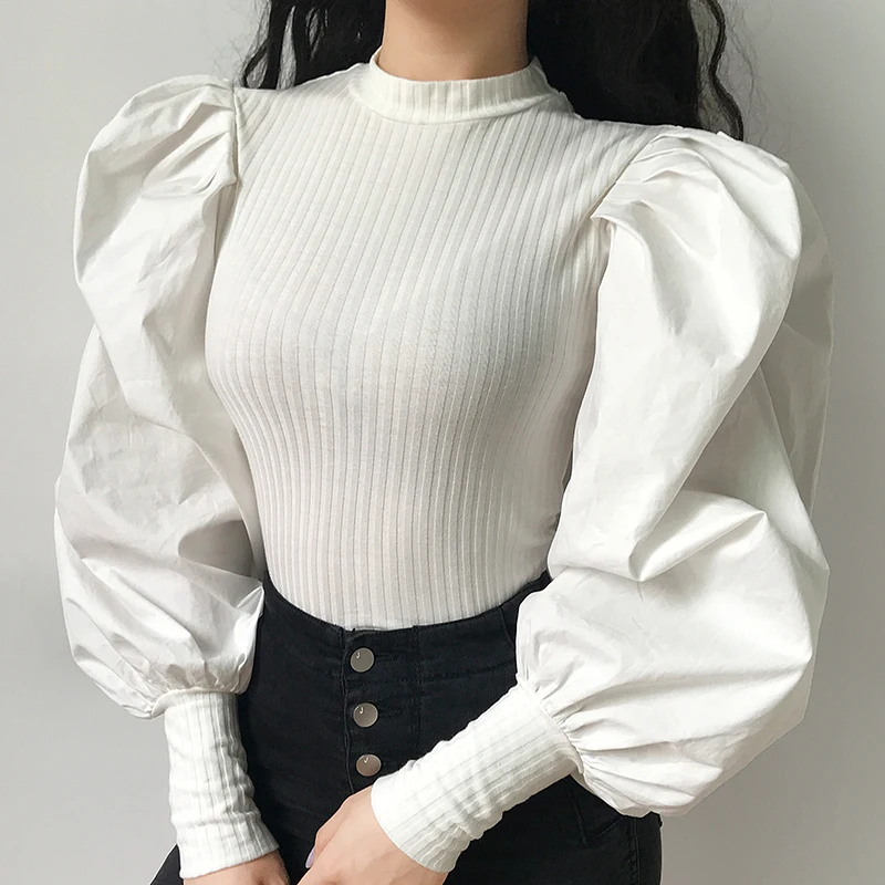 Rockmore Pleated Puff Long Sleeve Tops Womens T Shirt Harajuku Turtleneck Streetwear Basic Tshirt Women Tight Chic Tee Shirts