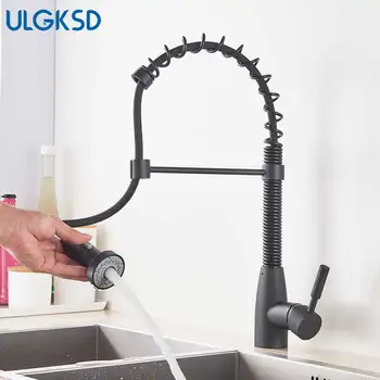 

ULGKSD Matte Black Kitchen Faucets Deck Mounted Single Handle Pull Out Spray Kitchen Faucet Ducha Hot Cold Water Mixer Taps