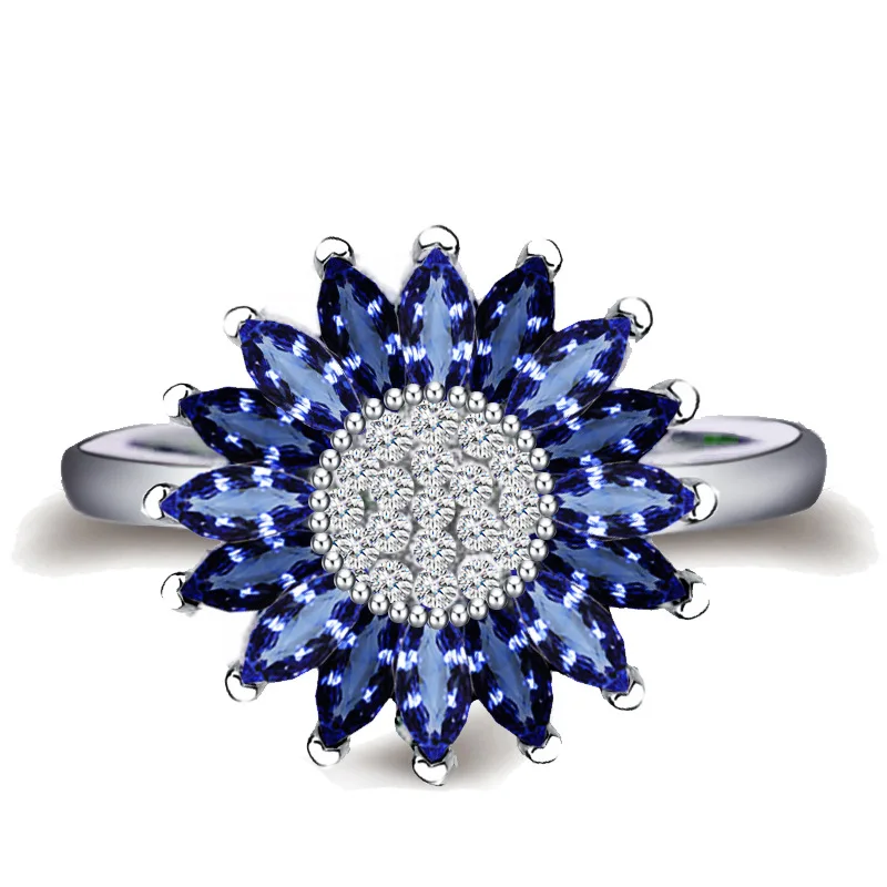 Bague Ringen женские трендовые серебряные ювелирные изделия 925 сапфировые кольца для женщин Подсолнух голубые драгоценные камни цветок растение вечерние кольца для свиданий