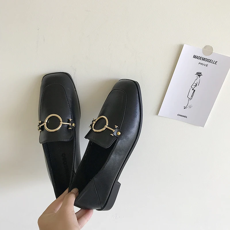Boussac/Винтажные лоферы с квадратным носком и металлической пряжкой; Женская однотонная обувь на плоской подошве без застежки; элегантная женская обувь; SWA0389 - Цвет: black