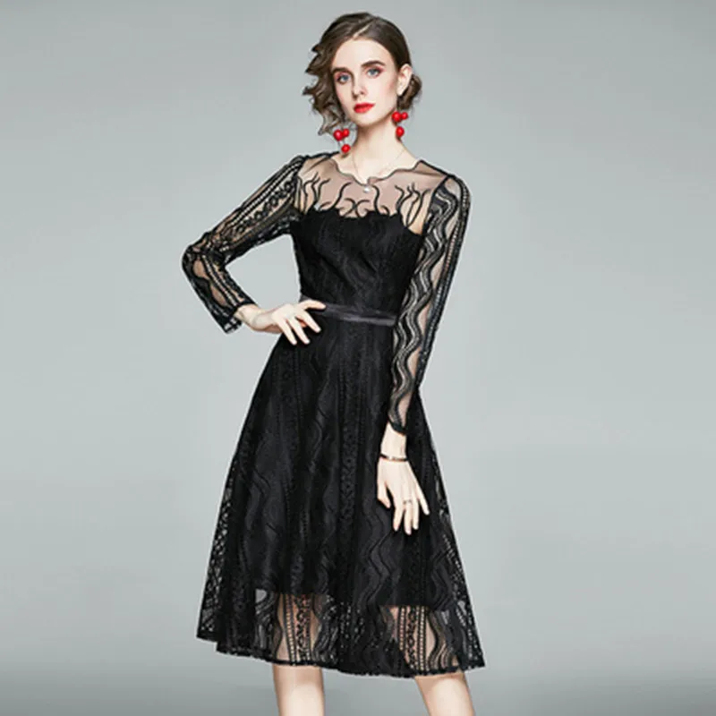 

Spring Autumn Runway Lady Black Embroidery Lace Dress Women's O-Neck Long Sleeve Mesh Fashion Party Slim A-Line Dresses
