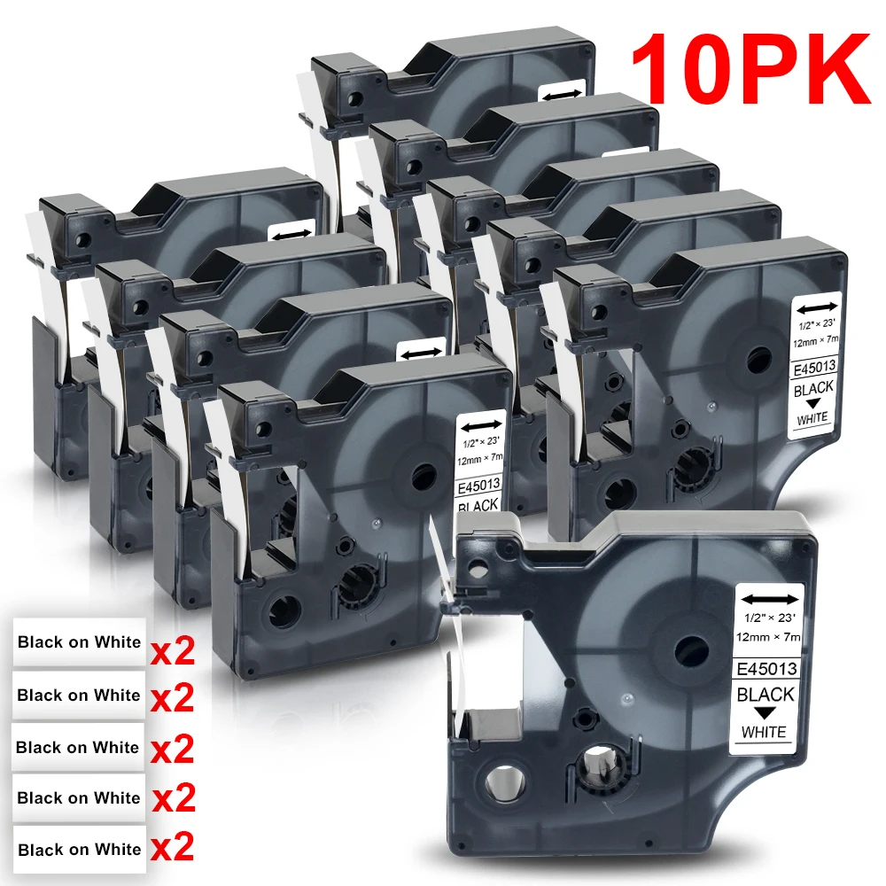 para Dymo d1 45013 Fitas de Etiquetas Compatíveis para Dymo Etiqueta Gerente 160 280 210 450 Lm160 Fabricante 10pk 12 mm 45013 Preto no Branco