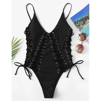 

Solid One-piece Swimsuit Women Backless Deep V neck Lace Up Sexy Bodysuits 2020 Beach Bathing Suit Swimwear Hollow Out Monokini