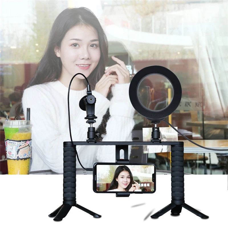  Smartphone Video Rig w 4.6inch Ring LED Selfie Light MIC Handheld Phone Video Stabilizer Grip Tripo