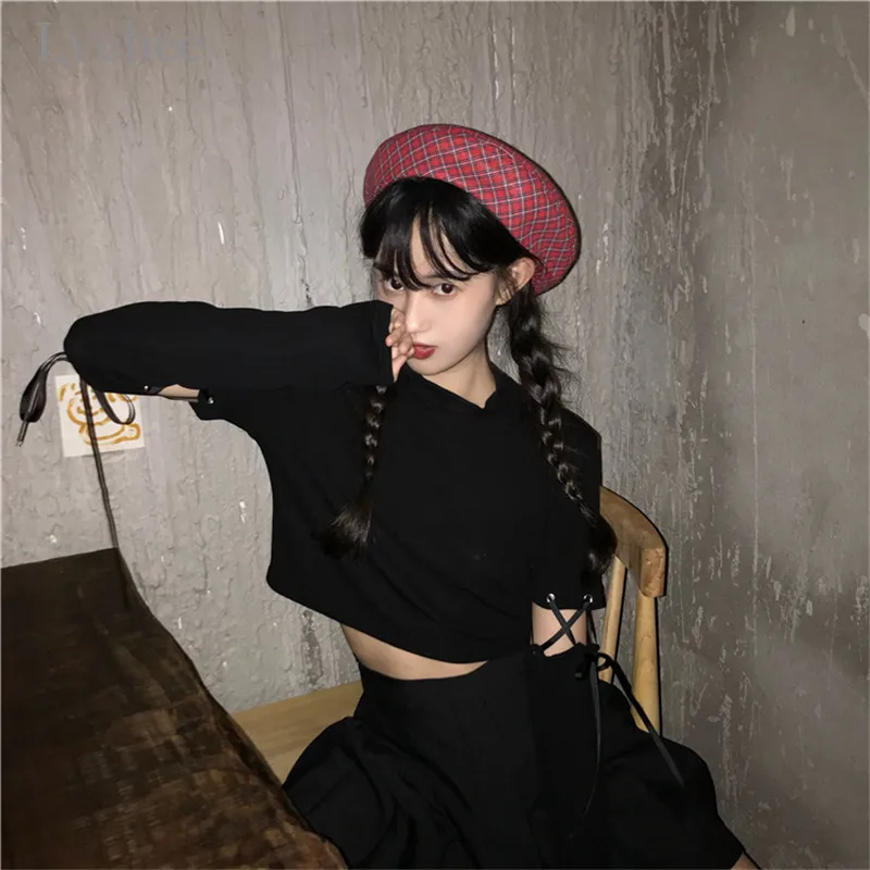Lychee Harajuku, одноцветная женская укороченная футболка, футболка на шнуровке с круглым вырезом, женские пуловеры, топы, сексуальные тонкие весенние женские футболки, футболки
