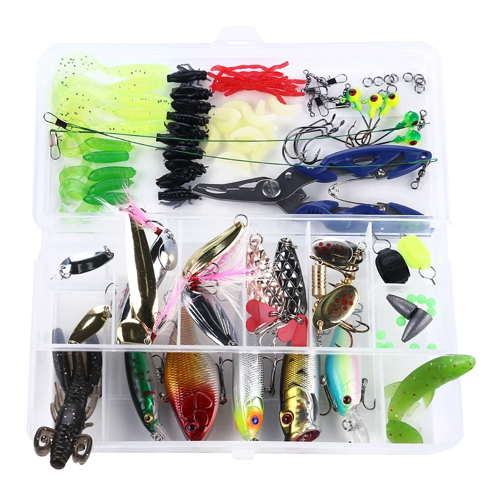 

110pcs Fishing Lures Mess Kit Assorted Artificial Spinner Minnow Popper VIB Soft Hard Spoon Lure Bait Hooks Pliers Tackle Box