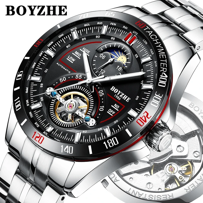 

Men Automatic Mechanical Fashion Top Brand Sport Watches Tourbillon Moon Phase Self-Wind Stainless Steel Watch Relogio Masculino