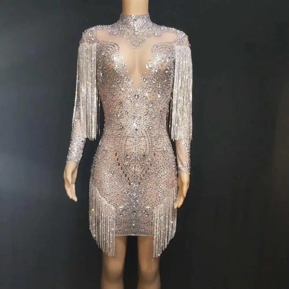 

2020 Women New Sexy Mesh Silver Crystals Dress Wedding Birthday Celebrate Evening Transparent Dress Prom Mesh Rhinestones Dress