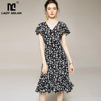 

100% Silk Women's Runway Dresses Sexy V Neck Short Sleeves Floral Printed Ruffles Fashion Casual Short Summer Dresses