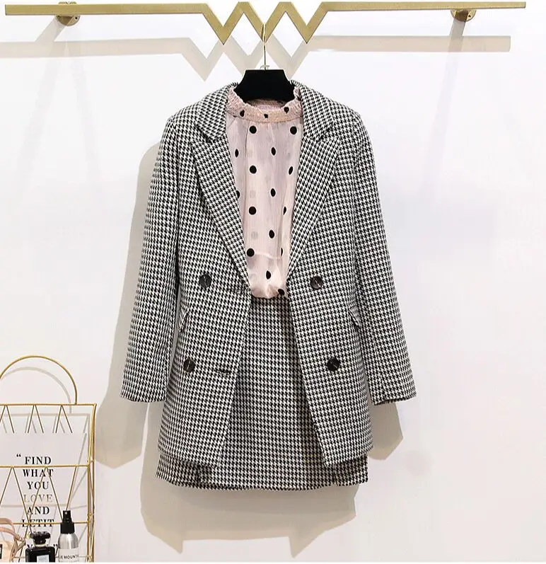 

Women Office Work Suits Plaid Long Sleeve Double Breasted Suit Jackets Coat+High Waist Mini Skirts Lady Autumn Winter 2PCS Sets