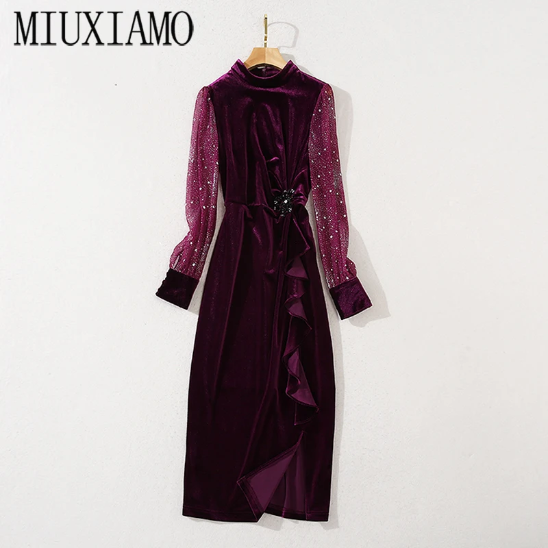 

MIUXIMAO Luxurious 2020 Fall Dress Women Party Velvet Dress Star Diamonds Office Lady Casual Long Dress Women Vestidos