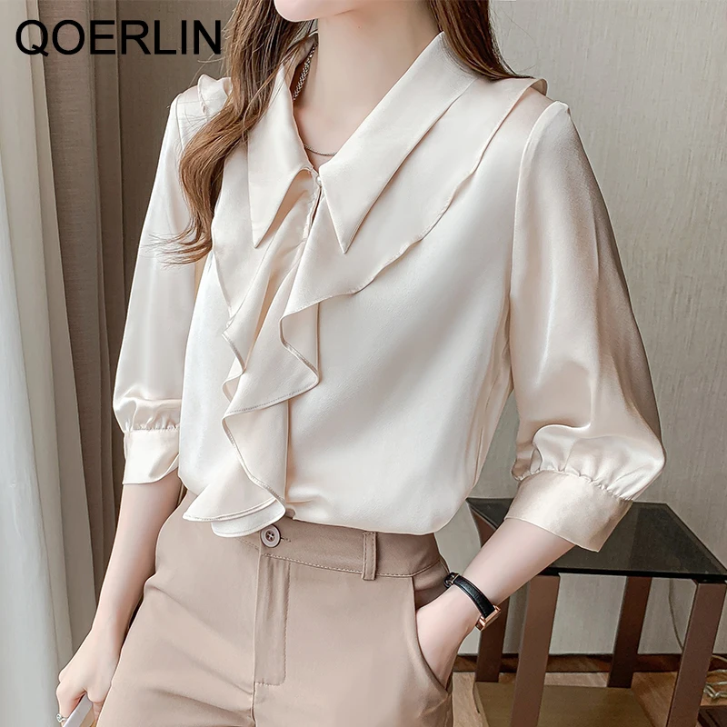 QOERLIN Loose Three-quarter Sleeves Ruffled Turn-Down Collar Chic Elegant Workwear Chiffon Shirt Office Ladies  OL Tops рубашка shirt men marguerite three quarter sleeves shirt pocket summer men casual top workwear shirts for men рубашка мужская