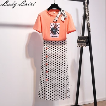 

2020 Summer Women Polka Dot Print 2 Piece Clothing Set Character Pattern Bow Tshirt +Button Split Bodycon Mid Calf Skirt Suit