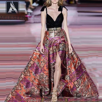 

AELESEEN Runway Fashion Women Dress Summer 2020 High Quality Spaghetti Strap Black Velvet Flower Print Beach Plus Size Dress