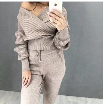 

Women Tracksuits Sweater Knit Suit Double V-neck Sweaters Tops Long Pants Casual Two Piece Set Clothing