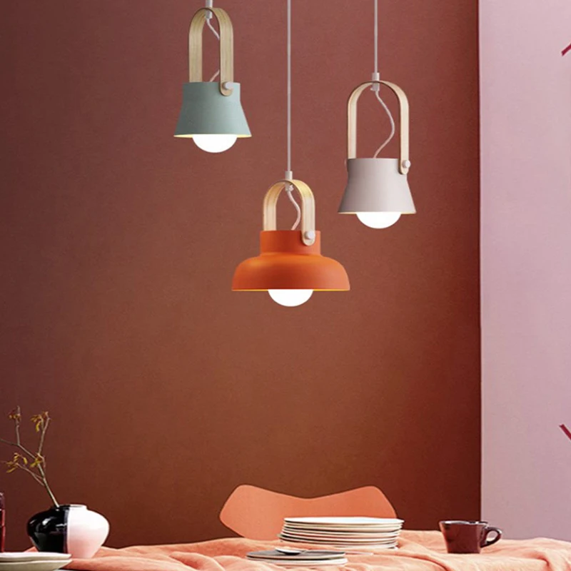 

Nordic Fashion Simple Pendant Light Restaurant Light Macarons Wooden Wrought Iron Hanging Lamp Ceiling Light Decorative Light