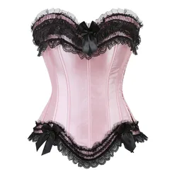 Sexy Satin Overbust Corset Top Lace Bowknot Decorated Clubwear Showgirl Body Shaper Plus Size