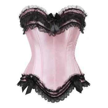 Sexy Satin Overbust Corset Top Lace Bowknot Decorated Clubwear Showgirl Body Shaper Plus Size 1
