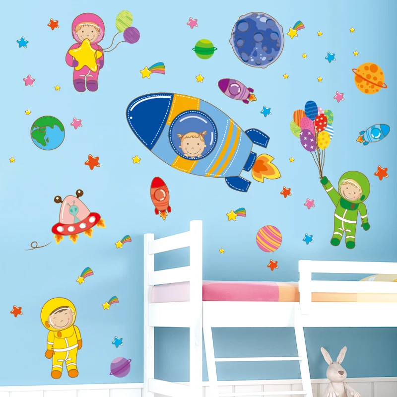 

[shijuekongjian] Cartoon Astronauts Rockets Planets Wall Stickers PVC DIY Wall Decals for Kids Rooms Nursery House Decoration