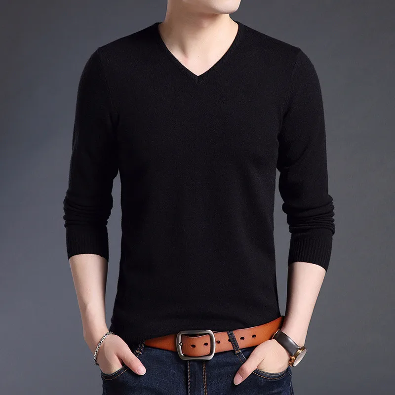 Black Niceautumn And Winter Pop Fashion Clothing Pullover Men Sweater V-neck Solid Color Slim Men Sweater - Цвет: Black