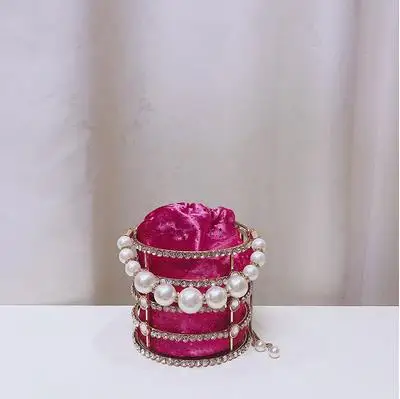 Роскошные женские вечерние сумочки на цепочке с металлическим ковшом, бриллиантами и жемчужной ручкой, женская сумка через плечо, сумка через плечо - Цвет: Diamond hot pink