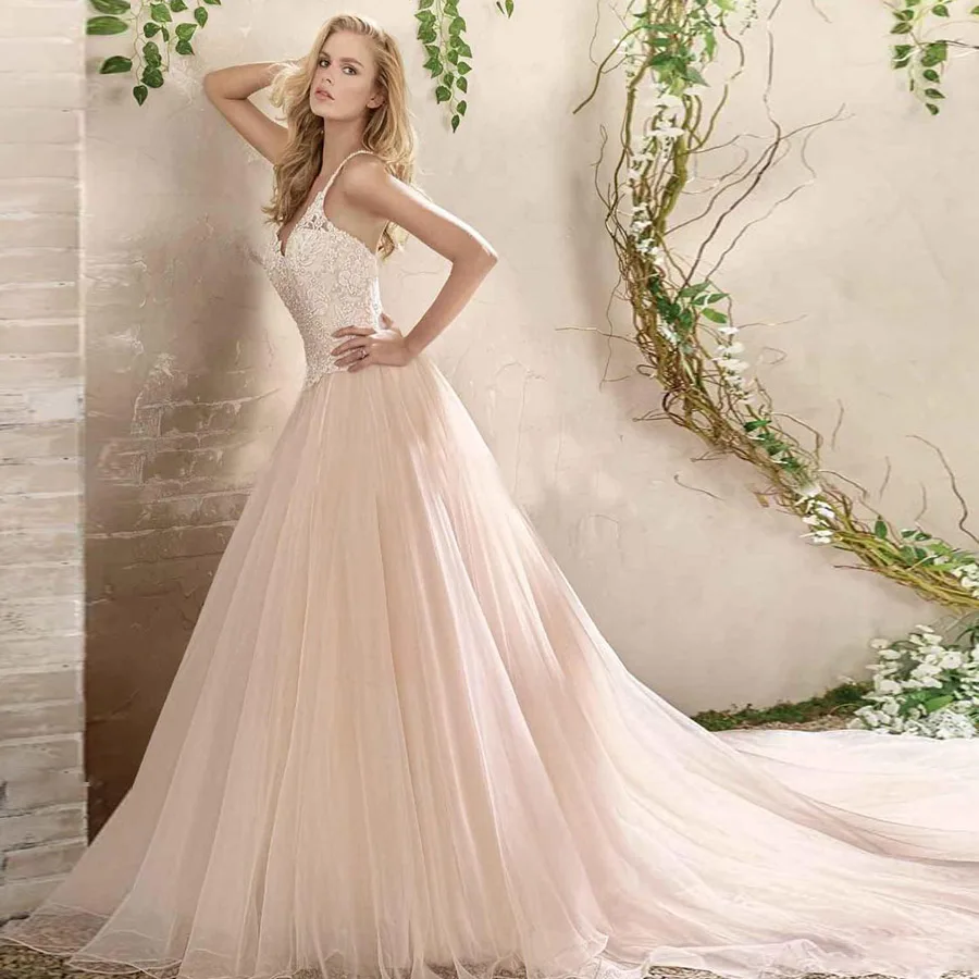 

V-neck Neckline Spaghetti Straps Beading Lace Applique A-line Wedding Dress with Backless Sweep Train Bridal Dress
