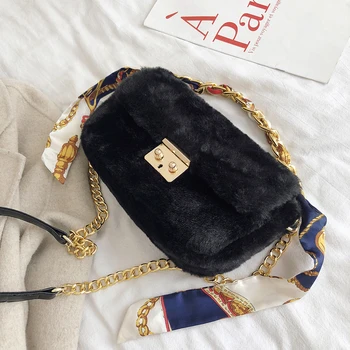 

Elegant Female Ribbon Tote Bag 2019 Winter New Quality Soft Plush Women's Designer Handbag Lock Chain Shoulder Messenger Bag