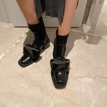 

Martin Boots Women Square Toe Ankle Boots Woman Slip On Black Cool Boots Thick Heels British Style Short Boots Motorcycle Boots