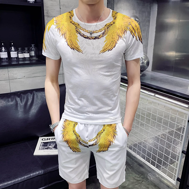 Футболка+ шорты tweddelige mannen Sportkleding Set mannen t-shirt модный мужской Комплект футболок Persoonlijkheid с принтом орла