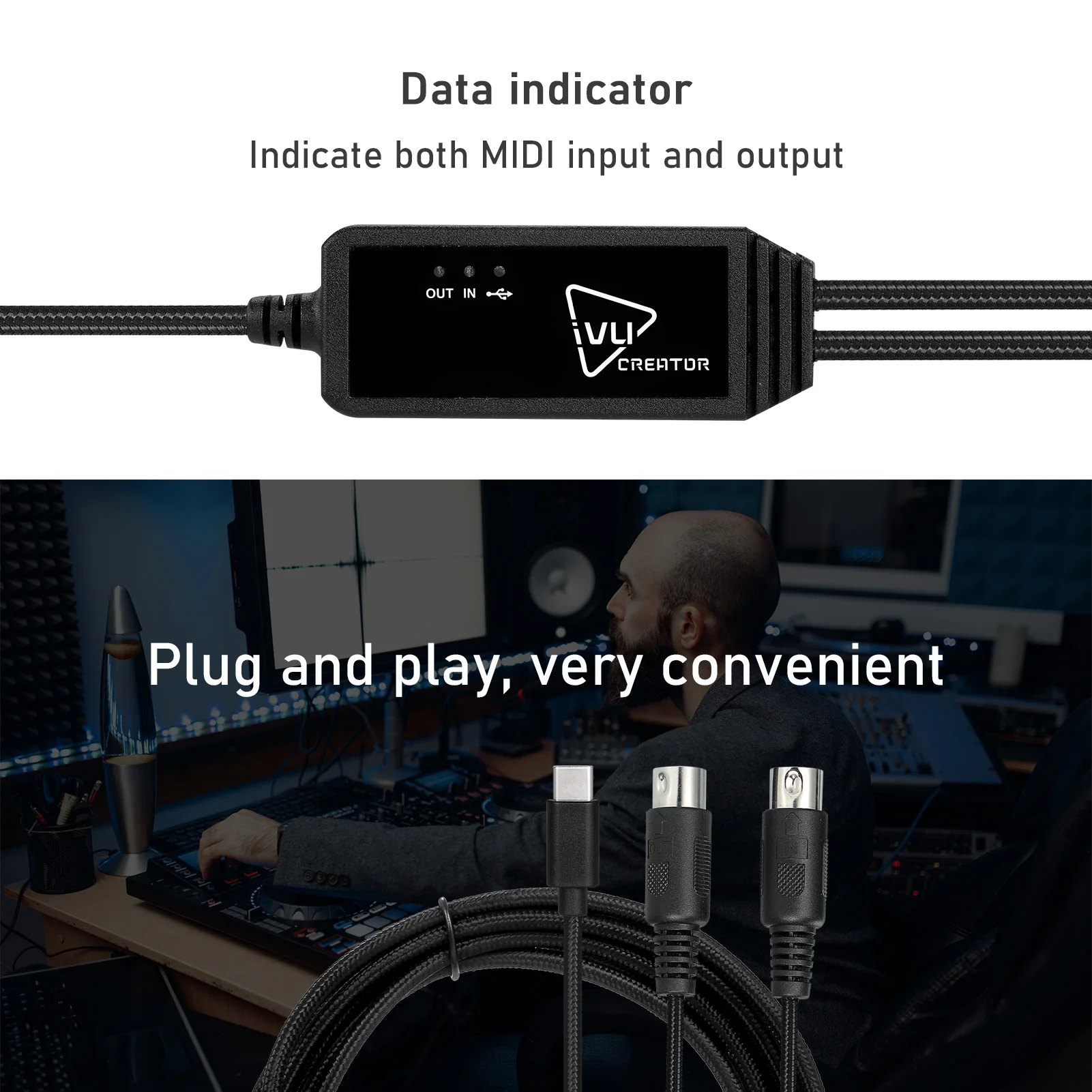 IVU CREATOR MIDI Universal Cable 5 Pin MIDI to USB/Type C Cable Converter Adapter Compatible varios OS adaptadores Plug and play