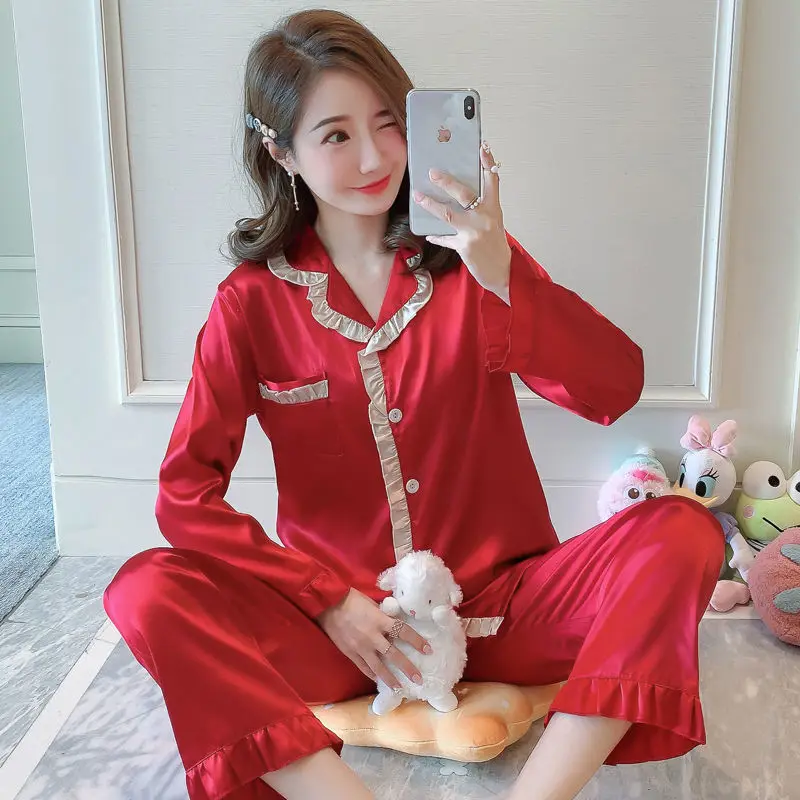 

Plus Size Women's Pajamas Set New Spring Fall Stitch Pijamas Silk Feeling Sleepwear Pajamas women Pijama Feminino Home Clothes