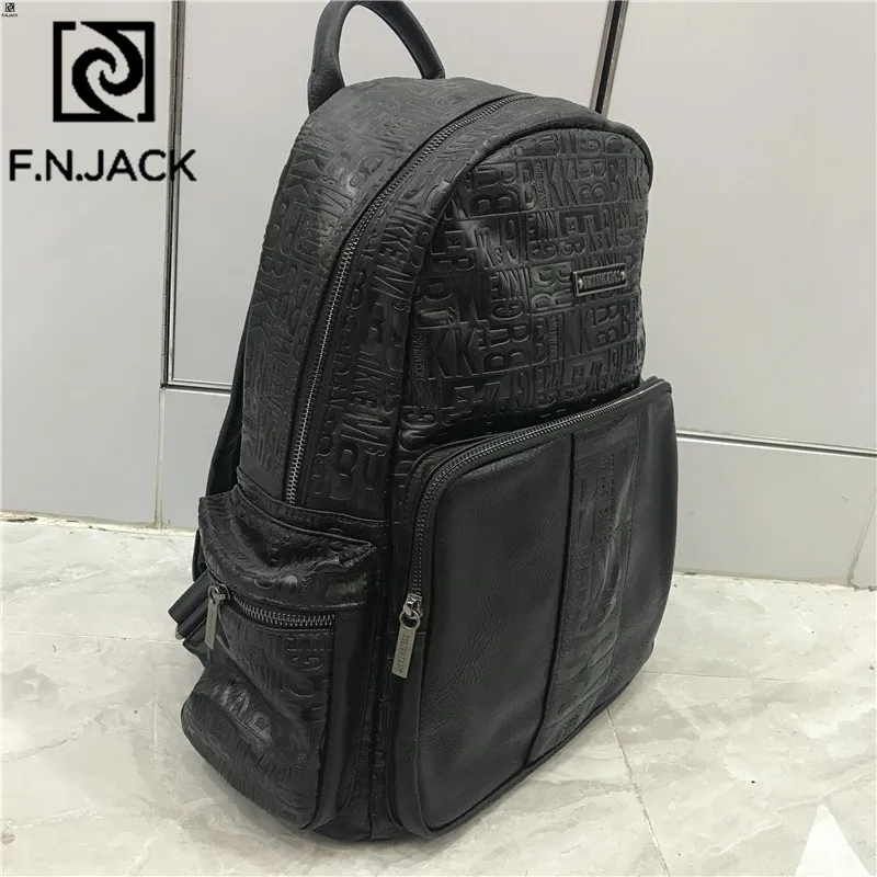 F.N.JACK New Leather Letter Bags Large Capacity Backpacks Split Leather Zipper Men Fashion Bag Students Travel Bagpack