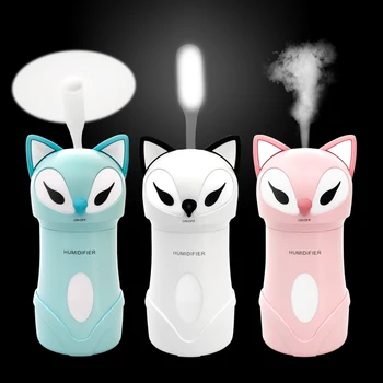 

180ML Air Humidifier Adroable Fox USB Ultrasonic Air Diffuser Mini Air Humidifier 3 in 1 Cool Mist Maker with USB Fan and Lamp