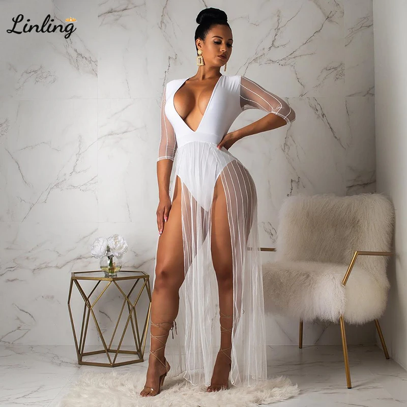 

LINLING Sexy White Evening Dresses abiti da cerimonia V-Neck Floor Length Long Sleeves High Slit Illusion Tulle robe de soiree