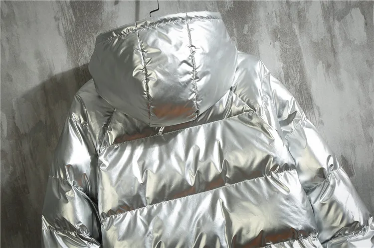 Новая мужская зимняя с блестящим серебряным корпусом, с капюшоном, одежда на Хлопчатобумажной Подкладке молодежная мода отдыха куртка с коттоновой подкладкой