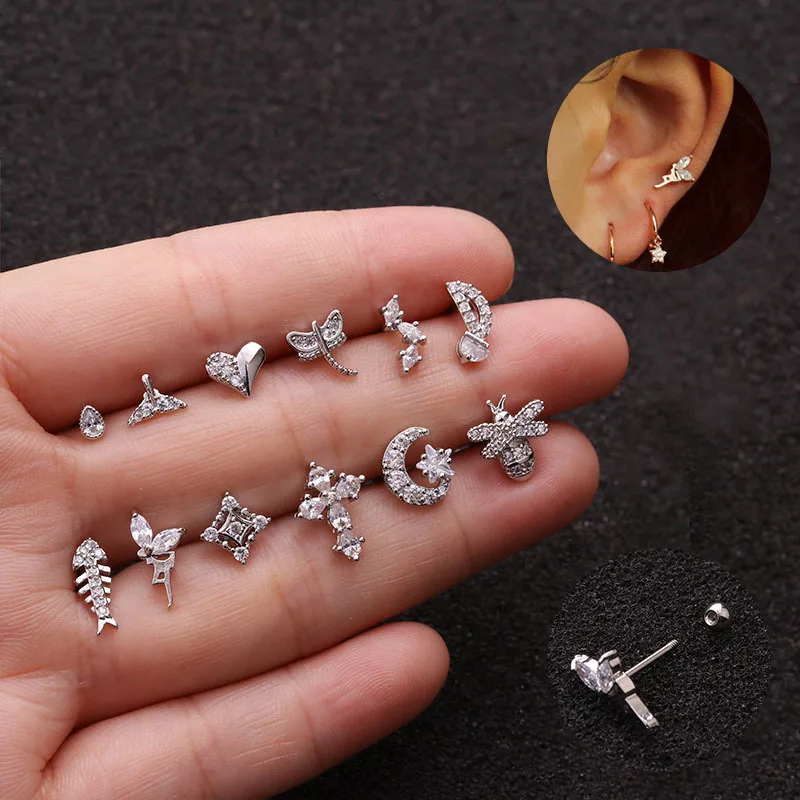 

1Pc 20g Stainless Steel Ear Piercing Jewelry Crystal Cartilage Stud Tragus Helix Conch Rook Lobe Screw Back Earring