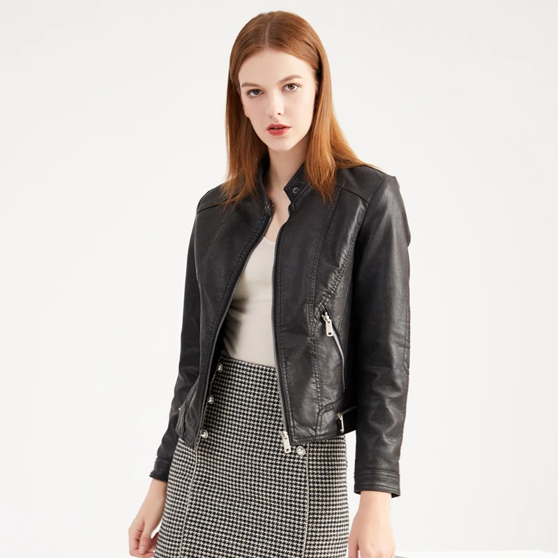 2020 autumn winter cashmere PU leather jacket women solid short style biker plus size slim turn down collar coat femme | Женская одежда