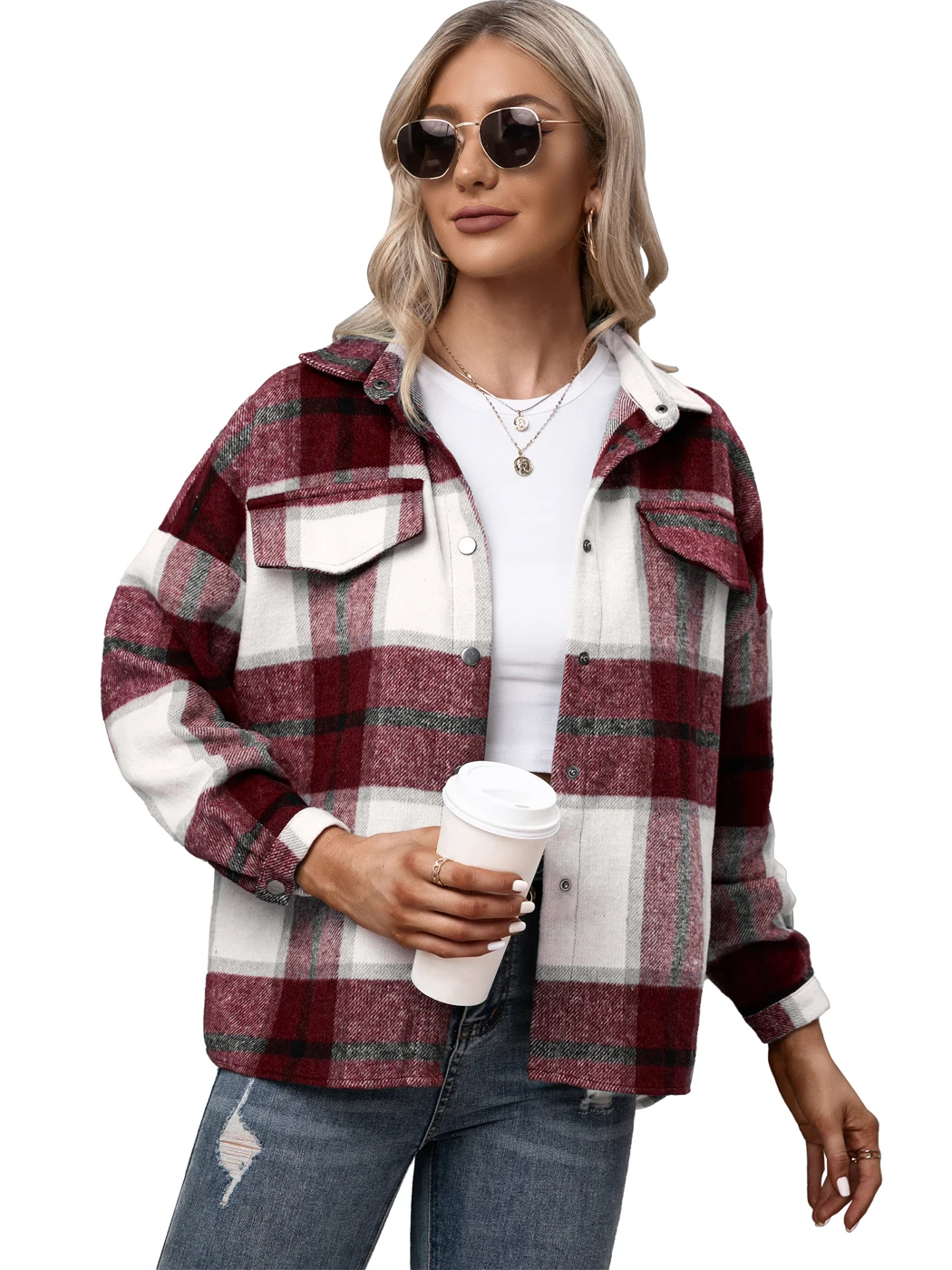 Куртка женская клетчатая с воротником с отложным воротником и длинным рукавом