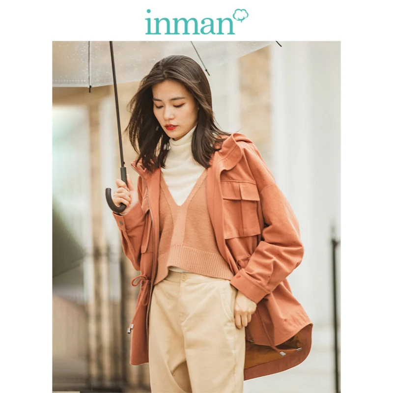 astounding  INMAN Spring Autumn Fashion Contrast Hooded Fashion Personality Drop-shoulder Sleeve All Matched Wo