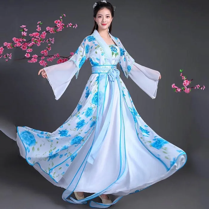 as picture Традиционный китайский народный танец одежда Hanfu студентов женский Hanfu Сказочный принт в виде голубого цветка древняя принцесса шезлонг DL4164 - Цвет: as picture