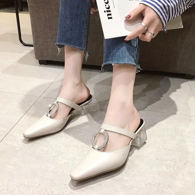 

Summer 2020 new style rhinestone temperament pointed outer wear lazy slippers thick heel Baotou sandals and slippers female X311