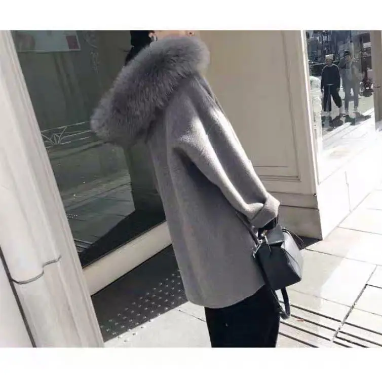 Korea style female long double-sided fur coat loose with fur collar soft double-sided wool outwear with belt for women