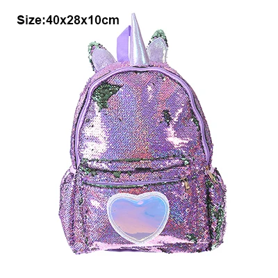Модный женский рюкзак с блестками и единорогом из искусственной кожи; вместительная сумка для девочек; сумка для книг; школьная сумка для подростков и студентов - Цвет: Purple (L)