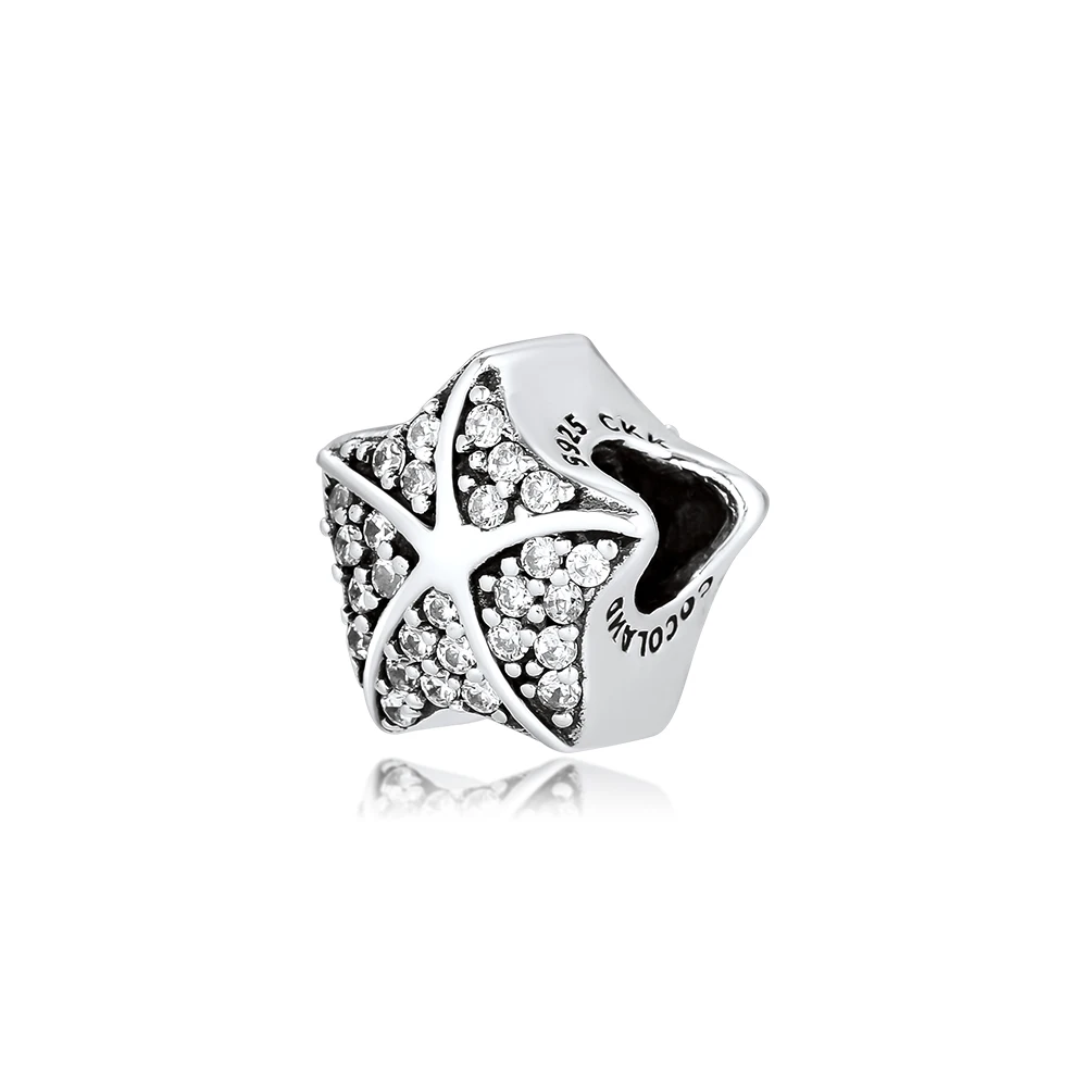 Подходит для браслетов Pandora Charms, бусины в виде тропических морских звезд с прозрачными фианитами 925 пробы-серебро-ювелирные изделия